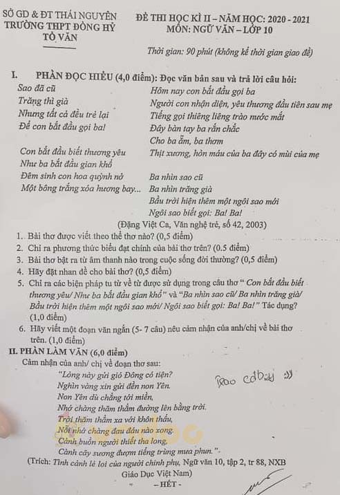 Đề thi học kì 2 môn Ngữ văn lớp 10 trường THPT Đồng Hỷ, Thái Nguyên năm 2020-2021