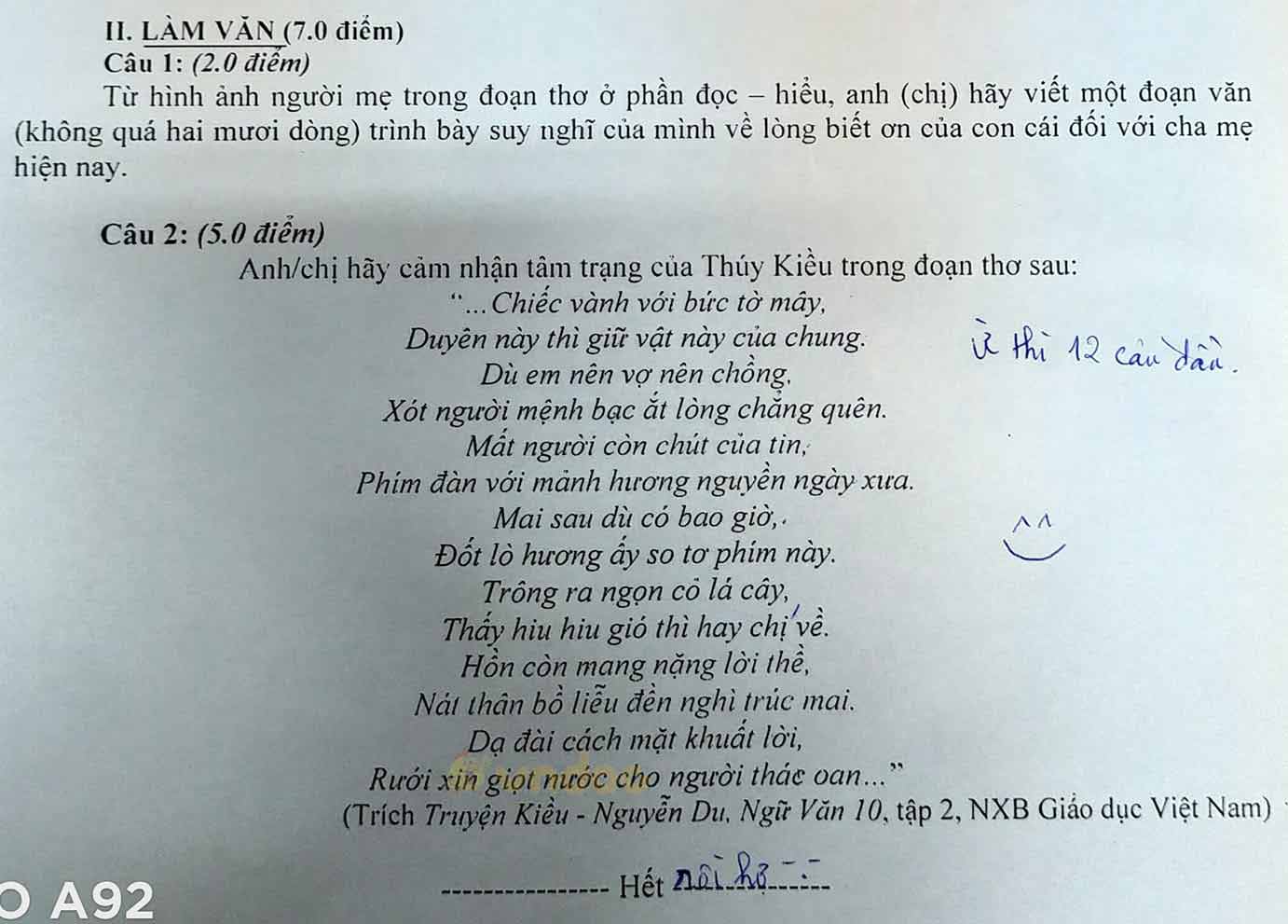 Đề thi học kì 2 môn Ngữ văn lớp 10 trường THPT Đức Linh, Bình Thuận