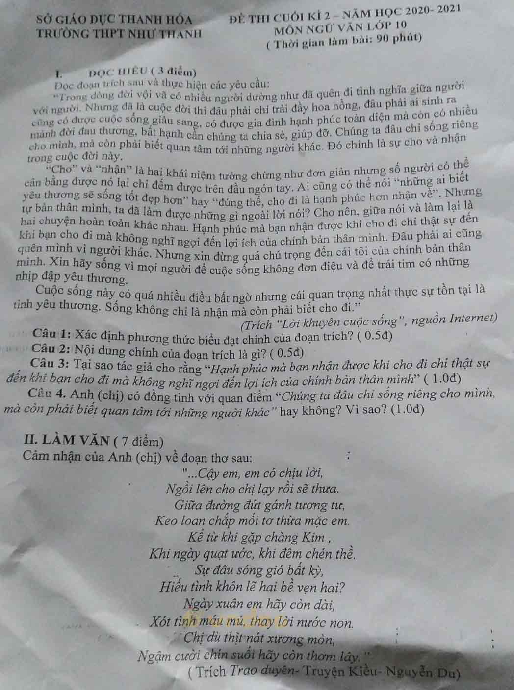 Đề thi học kì 2 môn Ngữ văn lớp 10 trường THPT Như Thanh, Thanh Hóa năm 2020-2021