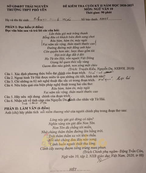 Đề thi học kì 2 môn Ngữ văn lớp 10 trường THPT Phổ Yên, Thái Nguyên năm 2020-2021