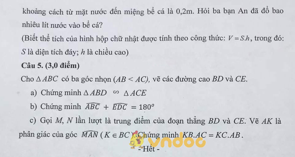 Đề thi học kì 2 Toán 8 Phòng GD&ĐT Quận 7, TP. HCM năm 2020 - 2021