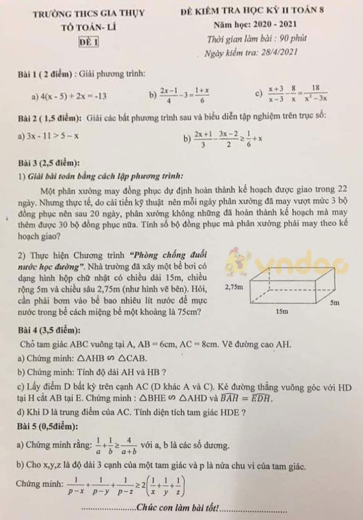 Đề thi học kì 2 Toán 8 Trường THCS Gia Thụy năm 2020 - 2021