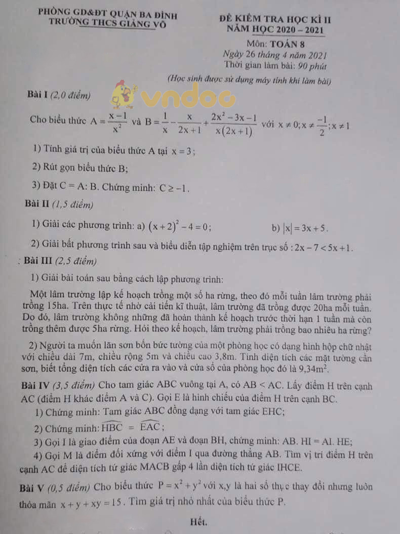 Đề thi học kì 2 Toán 8 Trường THCS Giảng Võ, Ba Đình năm 2020 - 2021
