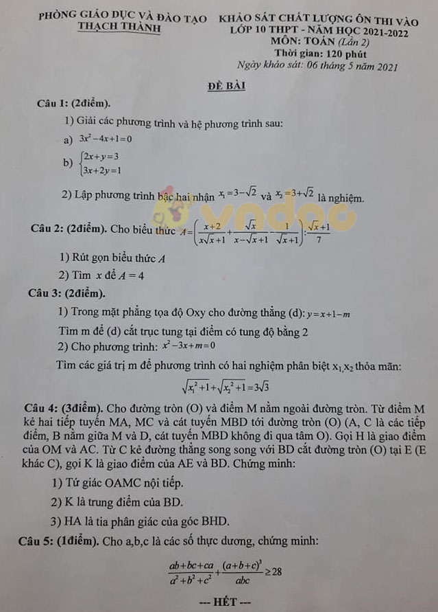 Đề thi thử vào lớp 10 môn Toán Phòng GD&ĐT Thạch Thành, Thanh Hóa năm 2021 - 2022 (lần 2)