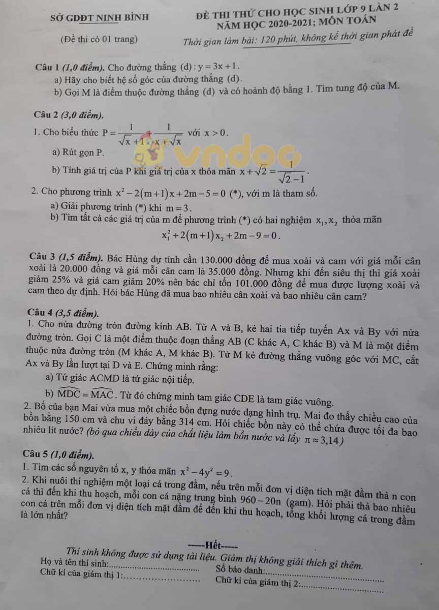 Đề thi thử vào lớp 10 môn Toán Sở GD&ĐT Ninh Bình năm 2021 - 2022 (lần 2)