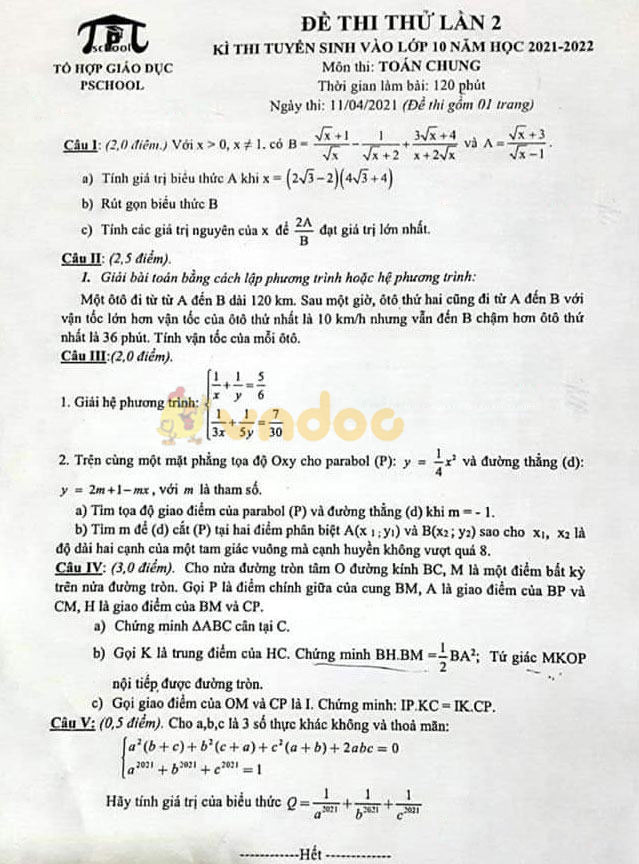 Đề thi thử vào lớp 10 môn Toán tổ hợp giáo dục Pschool năm 2020 - 2021 (lần 2)