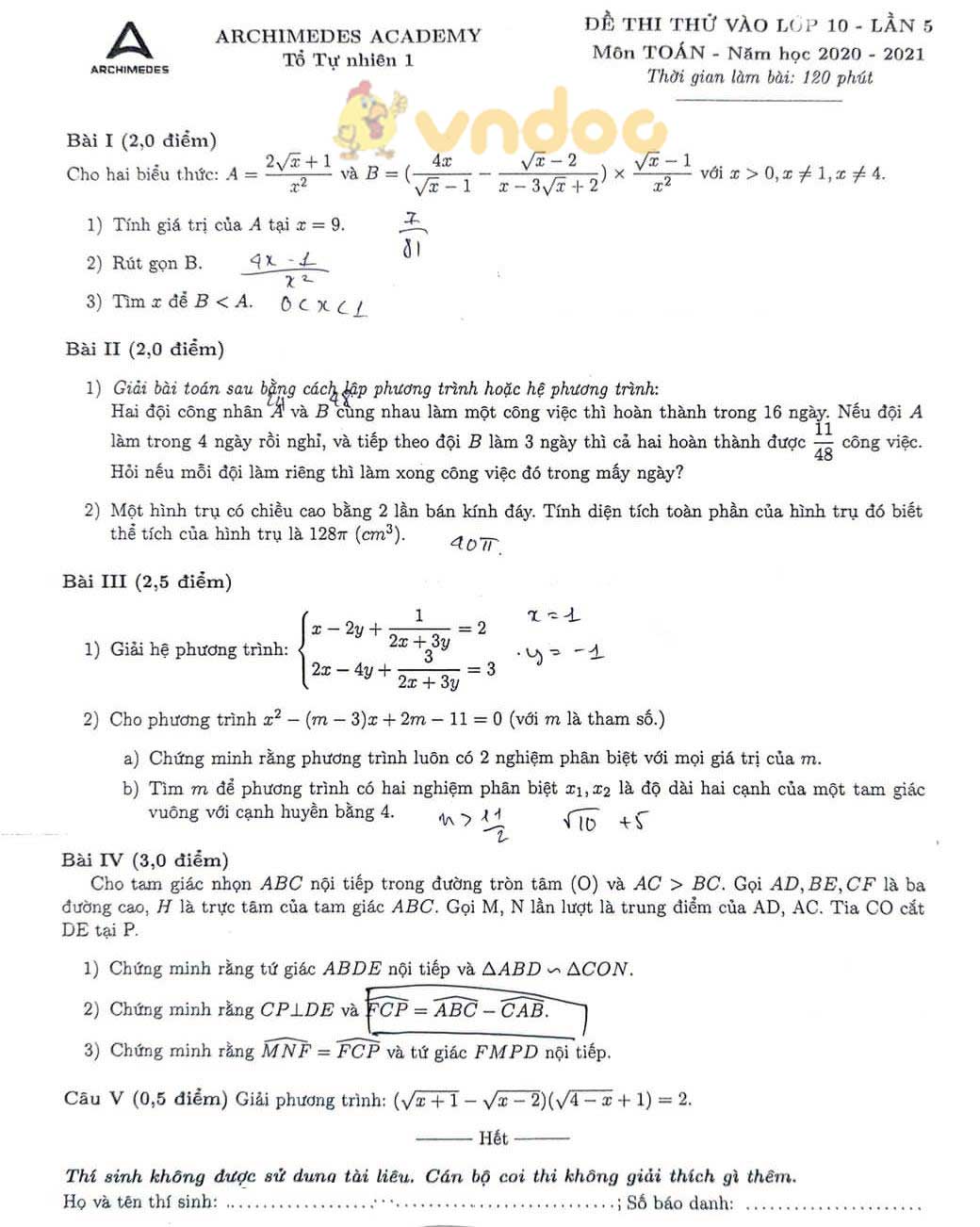 Đề thi thử vào lớp 10 môn Toán trường THCS Archimedes năm 2020 - 2021 (lần 5)