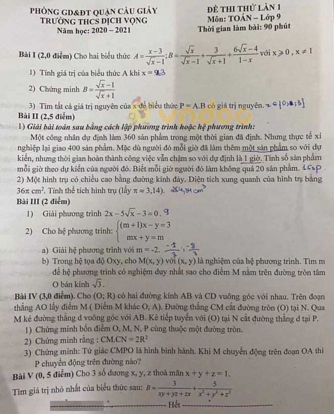 Đề thi thử vào lớp 10 môn Toán Trường THCS Dịch Vọng, Cầu Giấy năm 2020 - 2021 (lần 1)