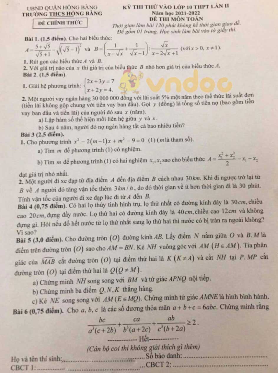 Đề thi thử vào lớp 10 môn Toán Trường THCS Hồng Bàng năm 2020 - 2021 (lần 2)