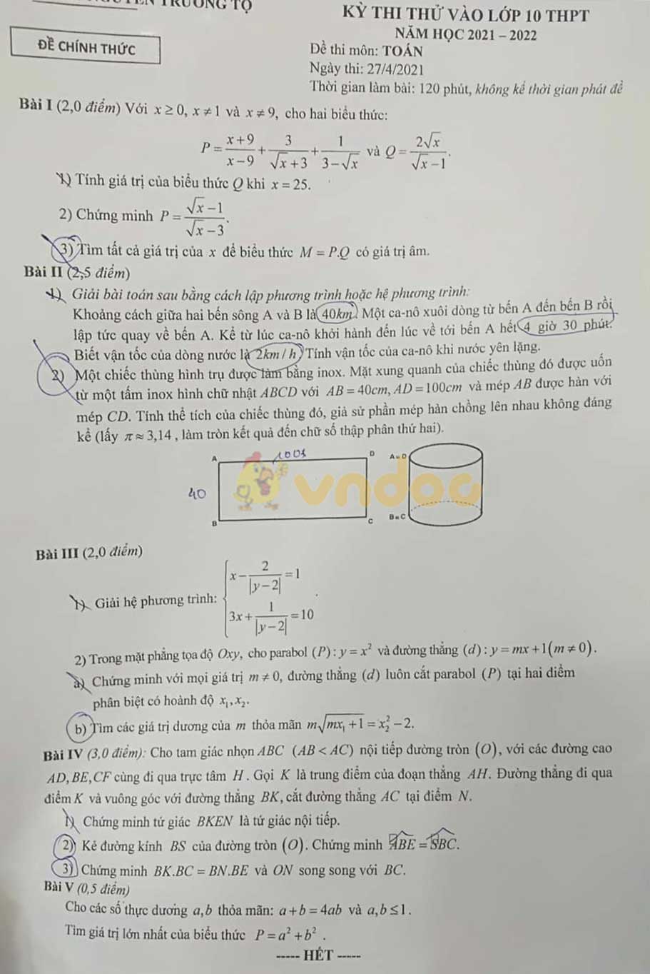 Đề thi thử vào lớp 10 môn Toán Trường THCS Nguyễn Trường Tộ năm 2021 - 2022