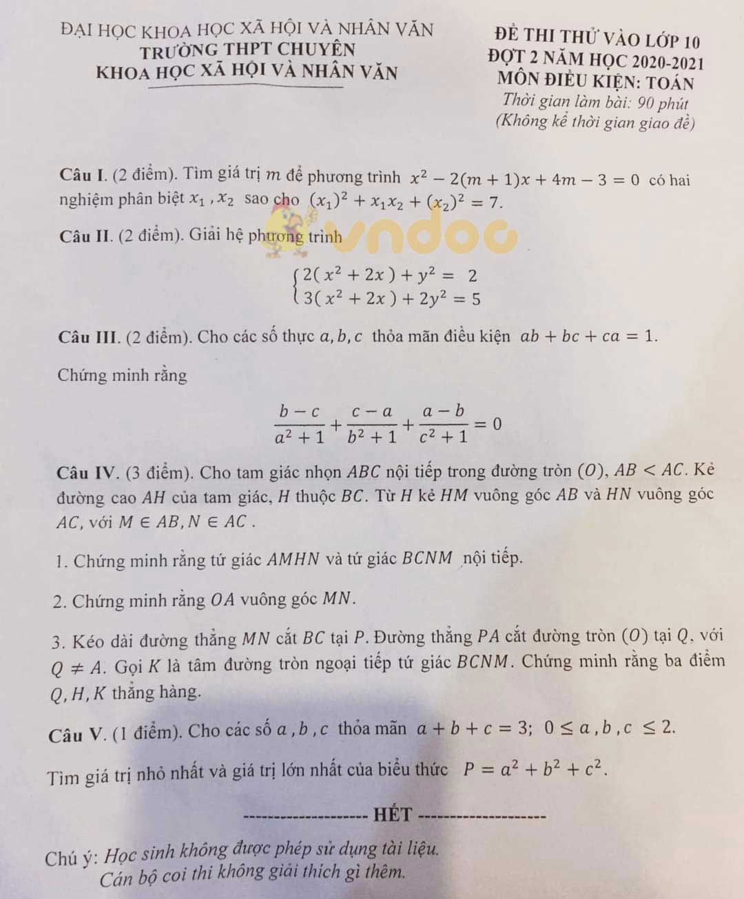 Đề thi thử vào lớp 10 môn Toán Trường THPT chuyên KHXH&NV năm 2020 - 2021