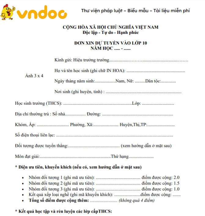 Mẫu đơn dự tuyển sinh vào lớp 10 năm học 2021-2022