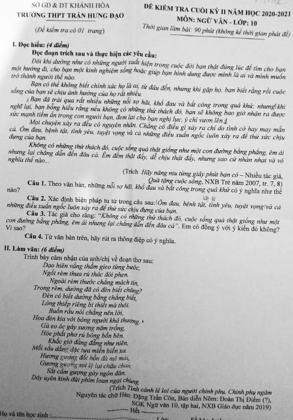 Đề thi học kì 2 môn Ngữ văn lớp 10 trường THPT Trần Hưng Đạo, Khánh Hòa năm 2020-2021