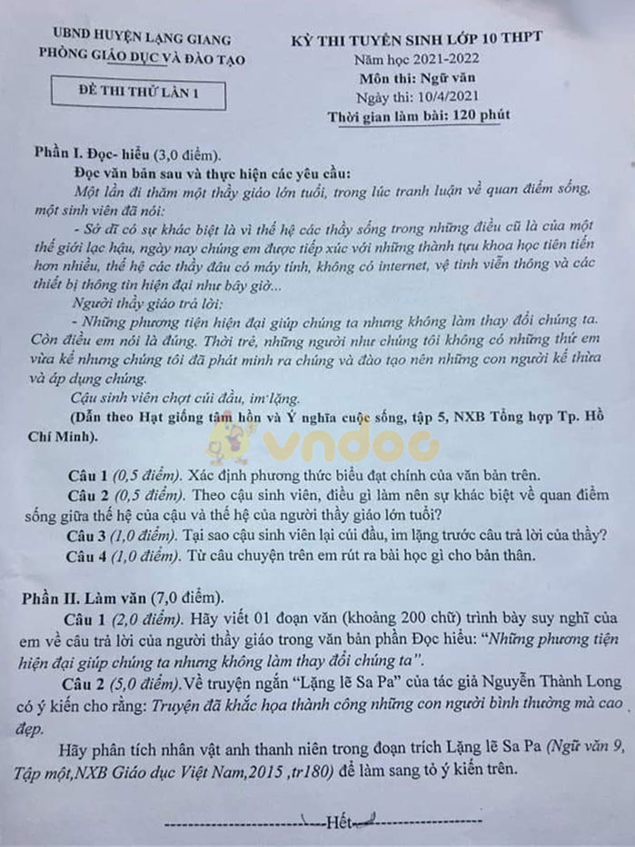 Đề thi thử vào lớp 10 môn Ngữ văn Phòng GD&ĐT huyện Lạng Giang, Bắc Giang năm 2021 - 2022 (lần 1)
