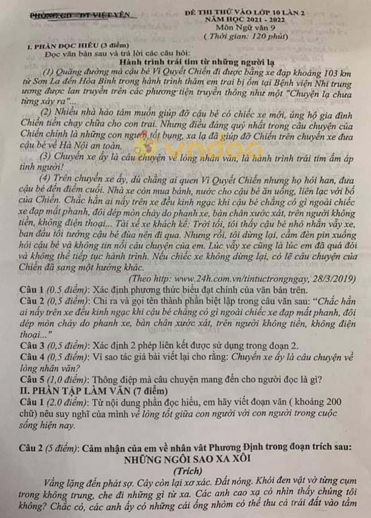 Đề thi thử vào lớp 10 môn Ngữ văn Phòng GD&ĐT Việt Yên năm 2021 - 2022 (lần 2)
