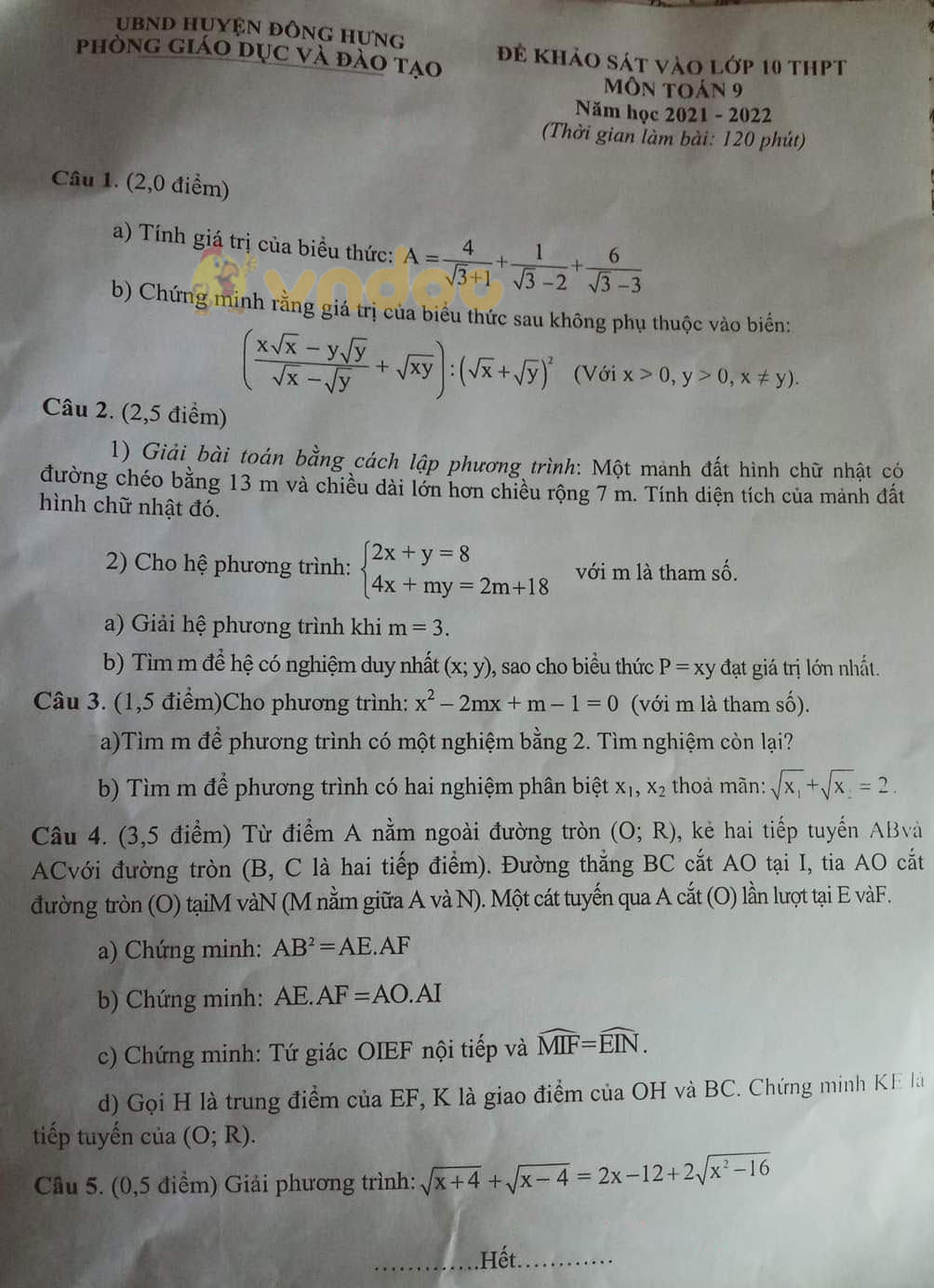 Đề thi thử vào lớp 10 môn Toán phòng GD&ĐT Đông Hưng năm 2021 - 2022