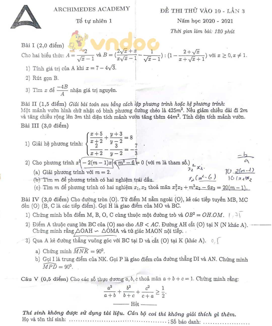 Đề thi thử vào lớp 10 môn Toán Trường THCS Archimedes năm 2020 - 2021 (lần 3)