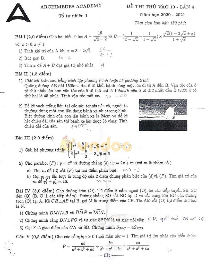 Đề thi thử vào lớp 10 môn Toán Trường THCS Archimedes năm 2020 - 2021 (lần 4)