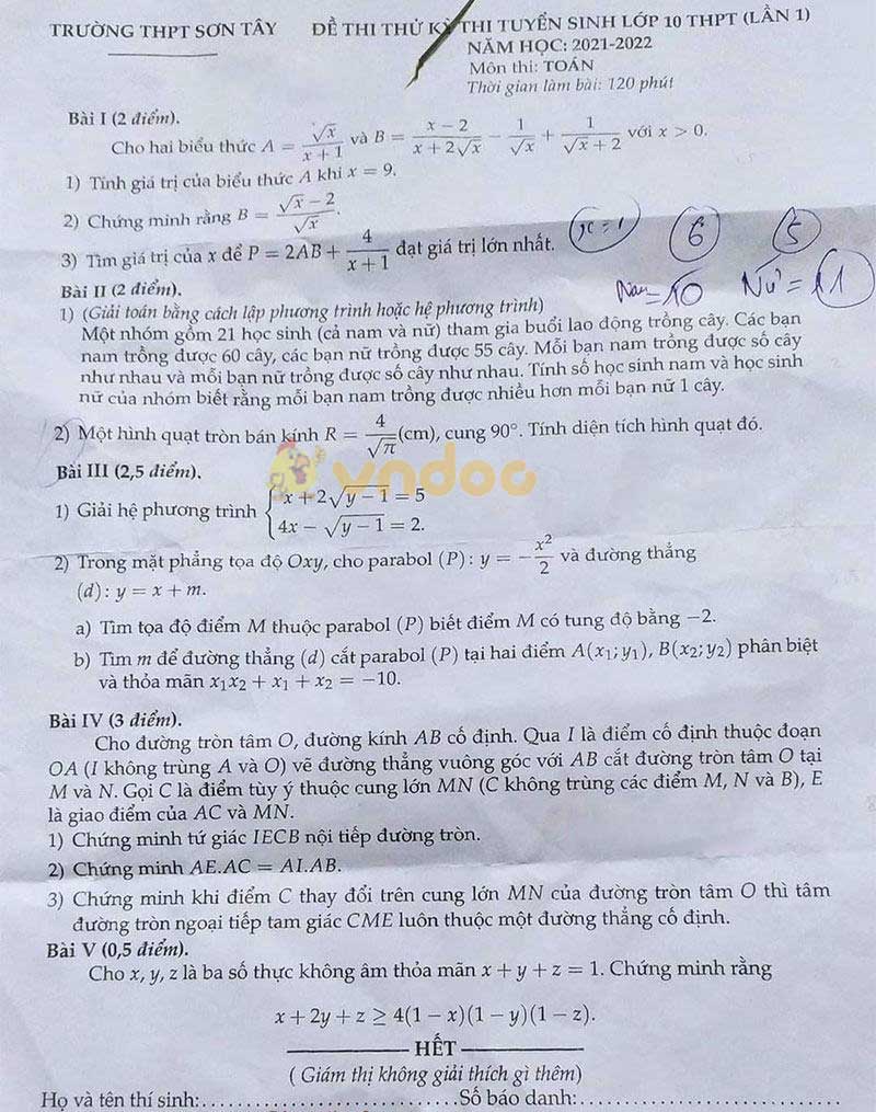 Đề thi thử vào lớp 10 môn Toán Trường THPT Sơn Tây năm 2021 - 2022 (lần 1)