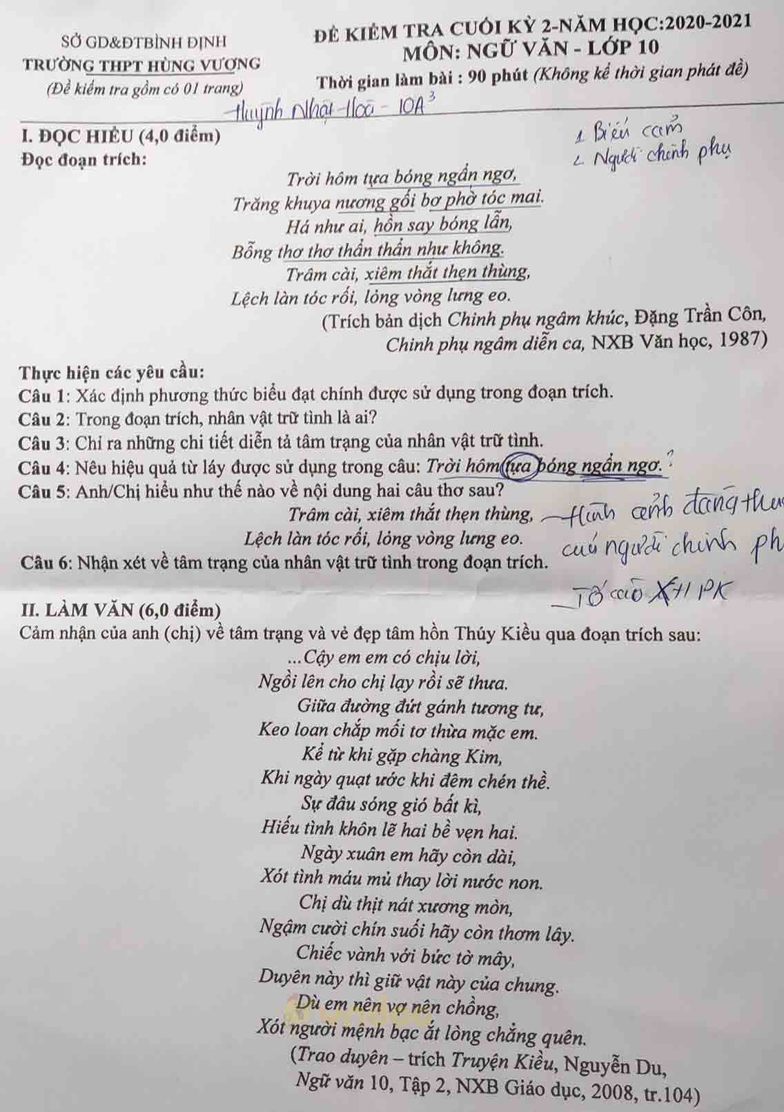 Đề thi học kì 2 môn Ngữ văn lớp 10 trường THPT Hùng Vương, Bình Định năm 2020-2021