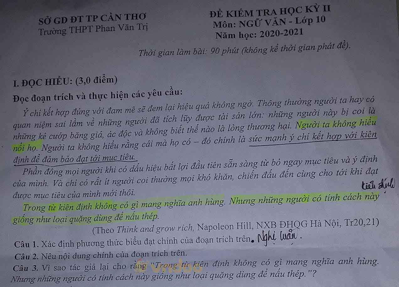 Đề thi học kì 2 môn Ngữ văn lớp 10 trường THPT Phan Văn Trị, Cần Thơ năm 2020-2021