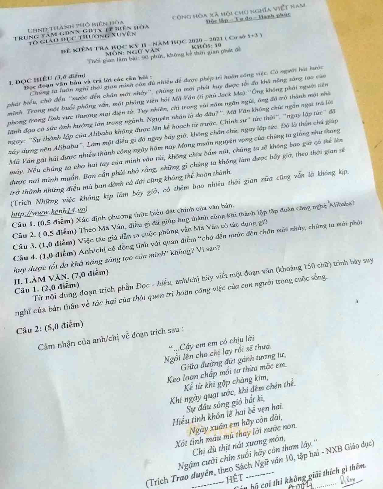 Đề thi học kì 2 môn Ngữ văn lớp 10 TTGDTX Biên Hòa năm 2020-2021
