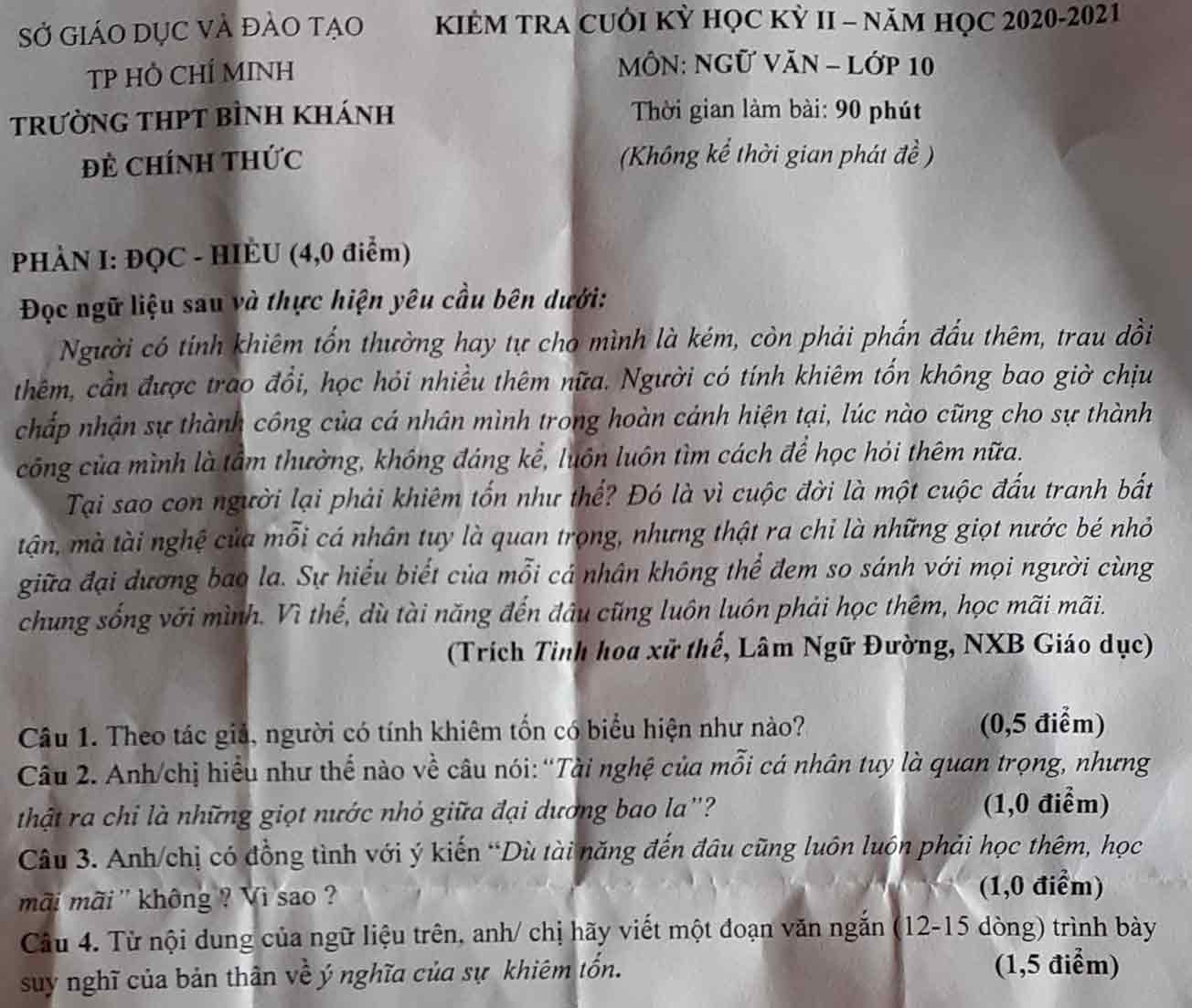 Đề thi học kì 2 môn Ngữ văn lớp 10 trường THPT Bình Khánh, TP HCM năm 2020-2021