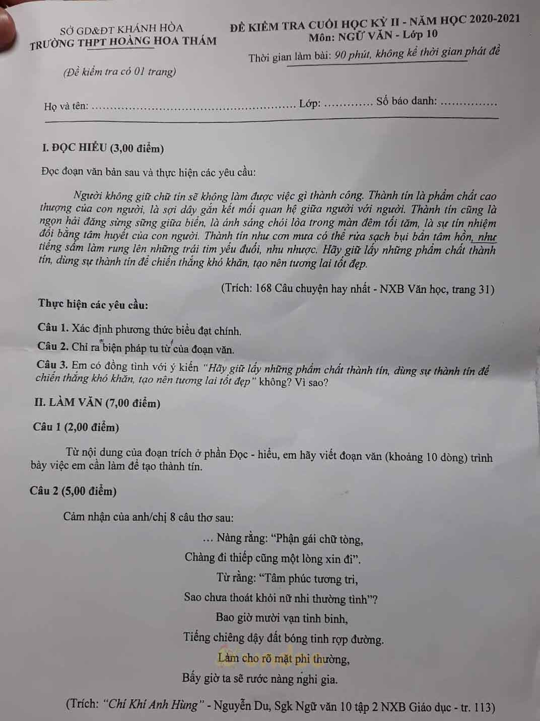Đề thi học kì 2 môn Ngữ văn lớp 10 trường THPT Hoàng Hoa Thám, Khánh Hòa năm 2020-2021