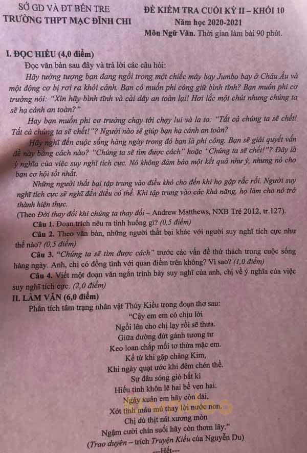 Đề thi học kì 2 môn Ngữ văn lớp 10 trường THPT Mạc Đĩnh Chi, Bến Tre năm 2020-2021