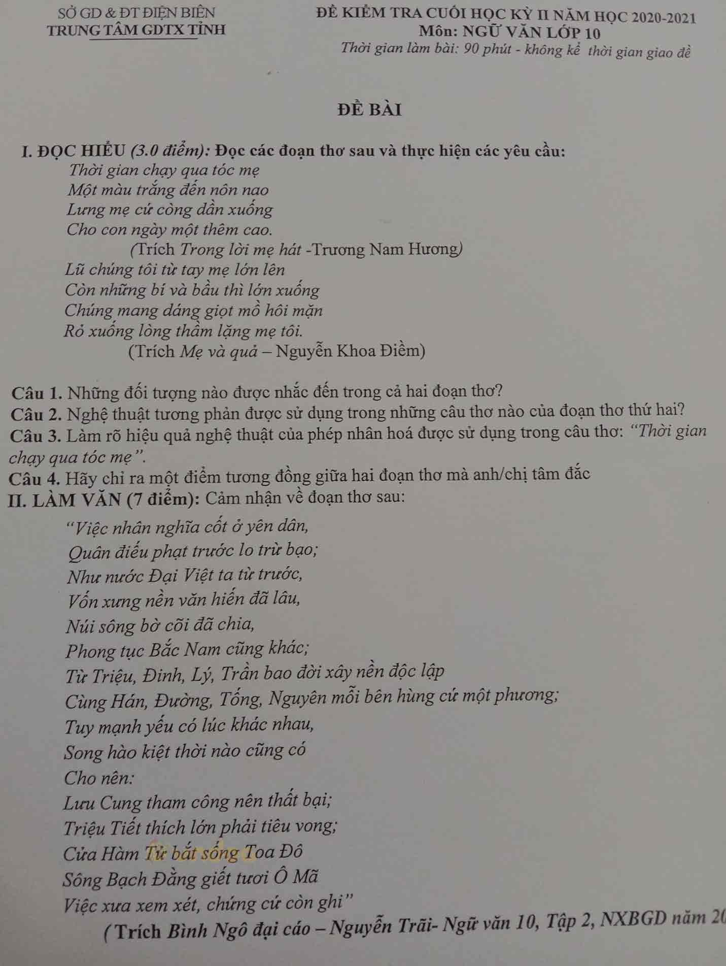 Đề thi học kì 2 môn Ngữ văn lớp 10 TTGDTX tỉnh Điện Biên năm 2020-2021