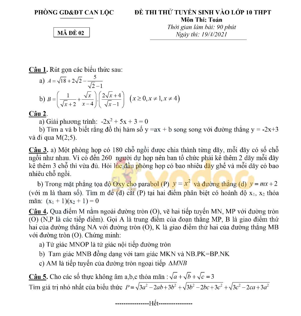 Đề thi thử vào lớp 10 môn Toán phòng GD&ĐT Can Lộc, Hà Tĩnh năm 2021 - 2022