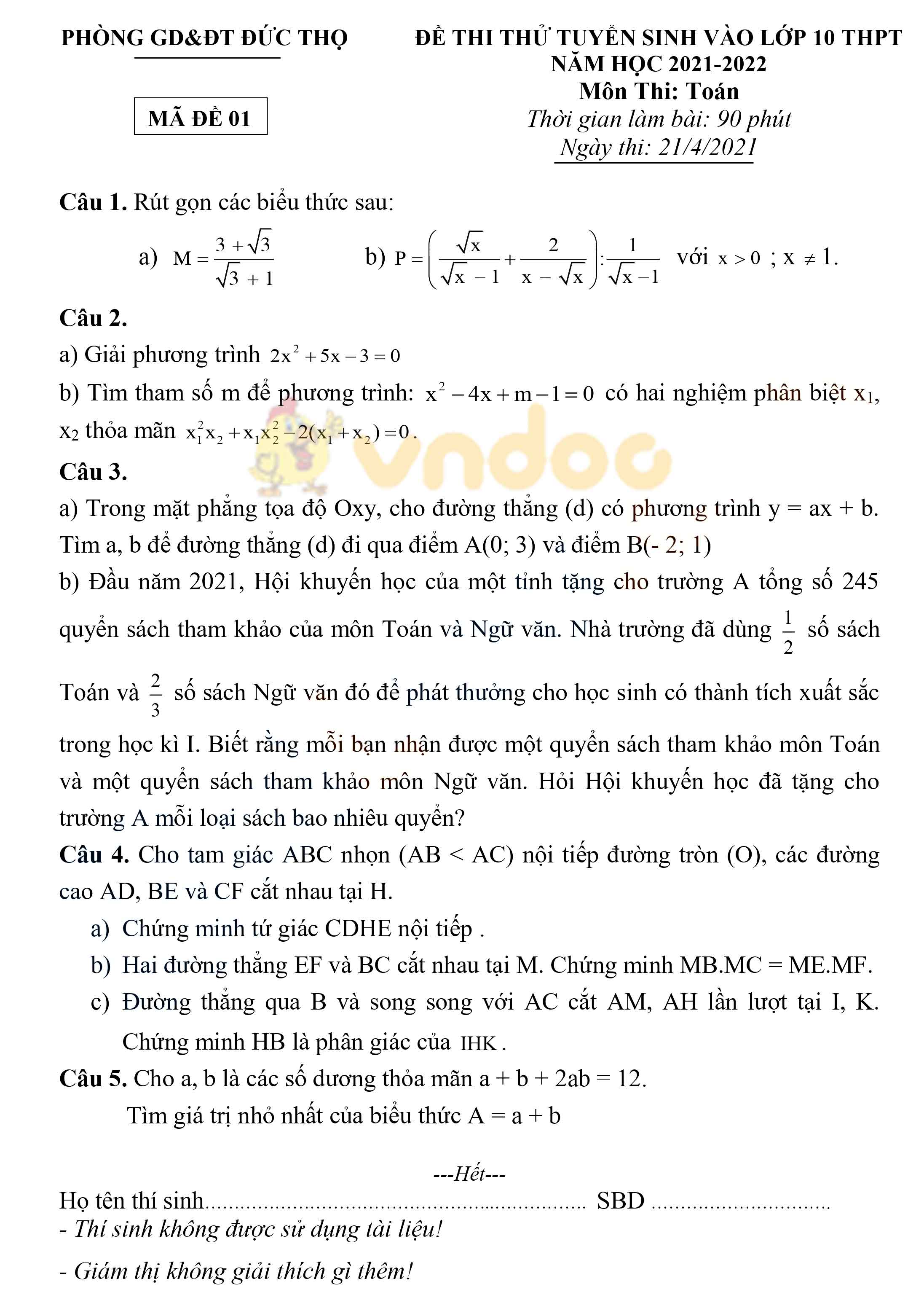 Đề thi thử vào lớp 10 môn Toán Phòng GD&ĐT Huyện Đức Thọ, Hà Tĩnh năm 2021 - 2022