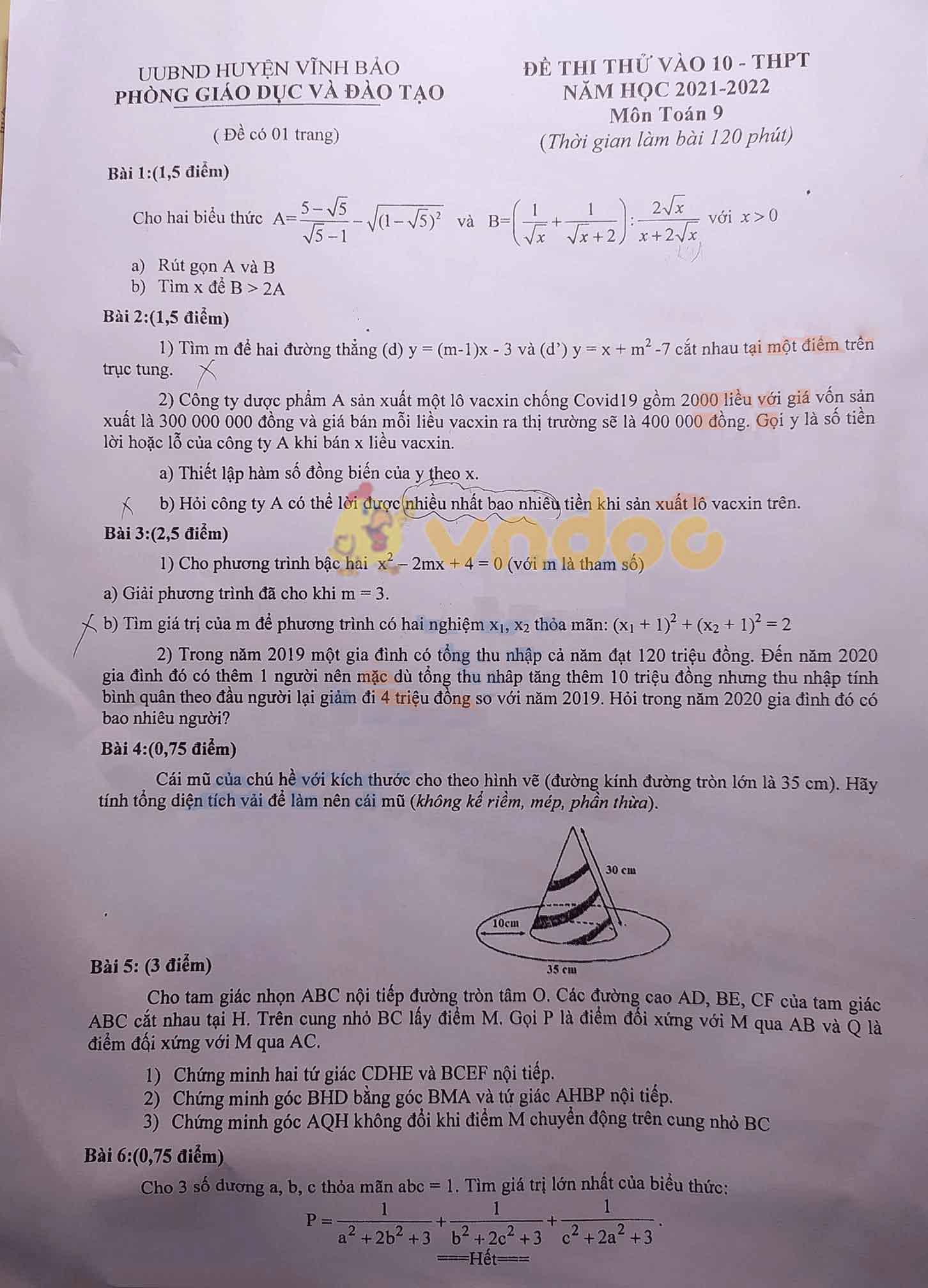 Đề thi thử vào lớp 10 môn Toán Phòng GD&ĐT huyện Vĩnh Bảo, Hải Phòng năm 2021 - 2022