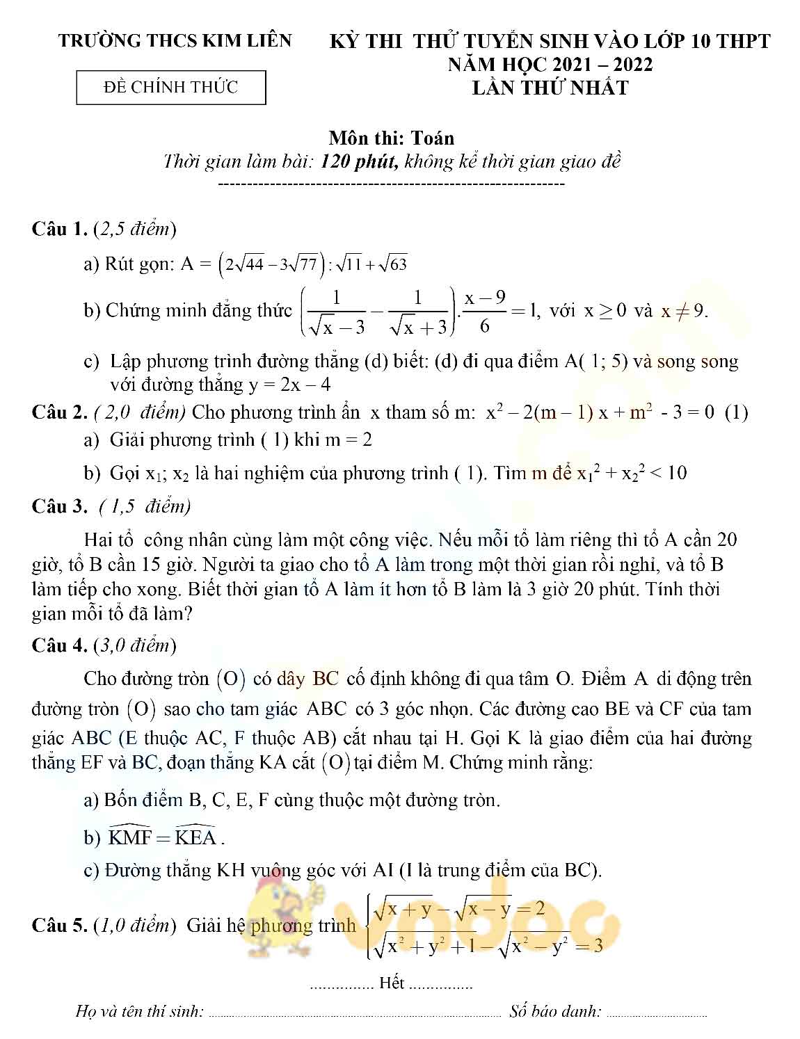 Đề thi thử vào lớp 10 môn Toán trường THCS Kim Liên, Nghệ An năm 2021 - 2022