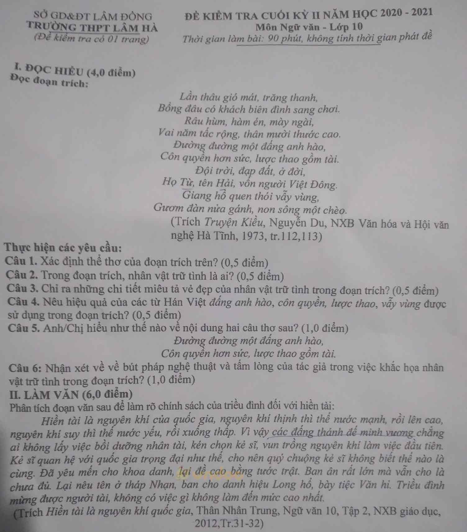 Đề thi học kì 2 môn Ngữ văn lớp 10 trường THPT Lâm Hà, Lâm Đồng năm 2020-2021