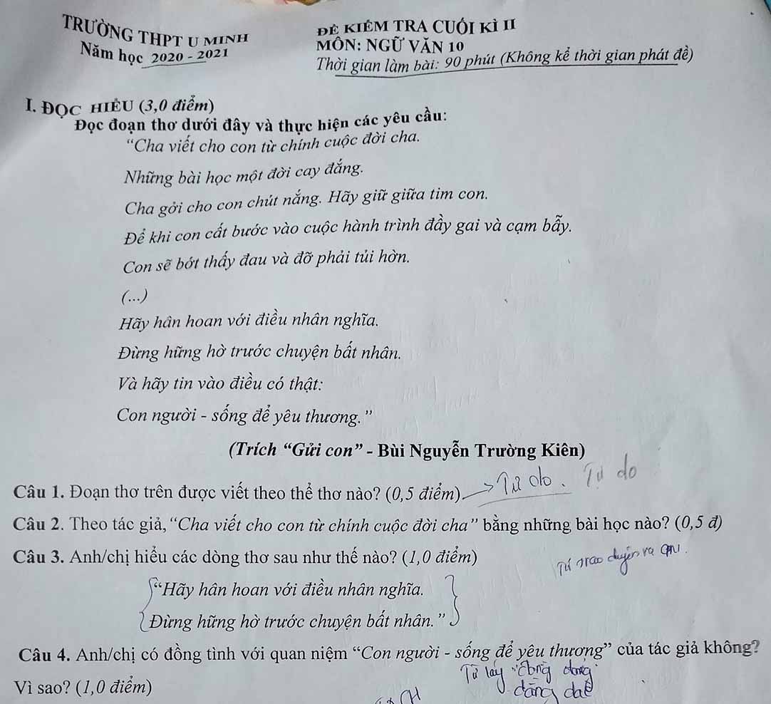 Đề thi học kì 2 môn Ngữ văn lớp 10 trường THPT U Minh, Cà Mau năm 2020-2021
