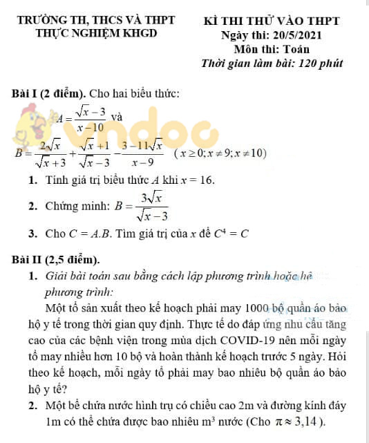 Đề thi thử vào lớp 10 môn Toán Trường TH, THCS&THPT Thực Nghiệm KHGD năm 2021
