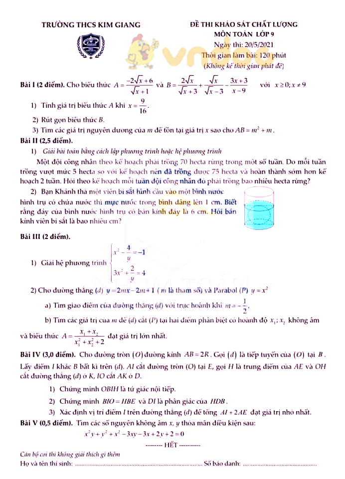 Đề thi thử vào lớp 10 môn Toán Trường THCS Kim Giang năm 2021