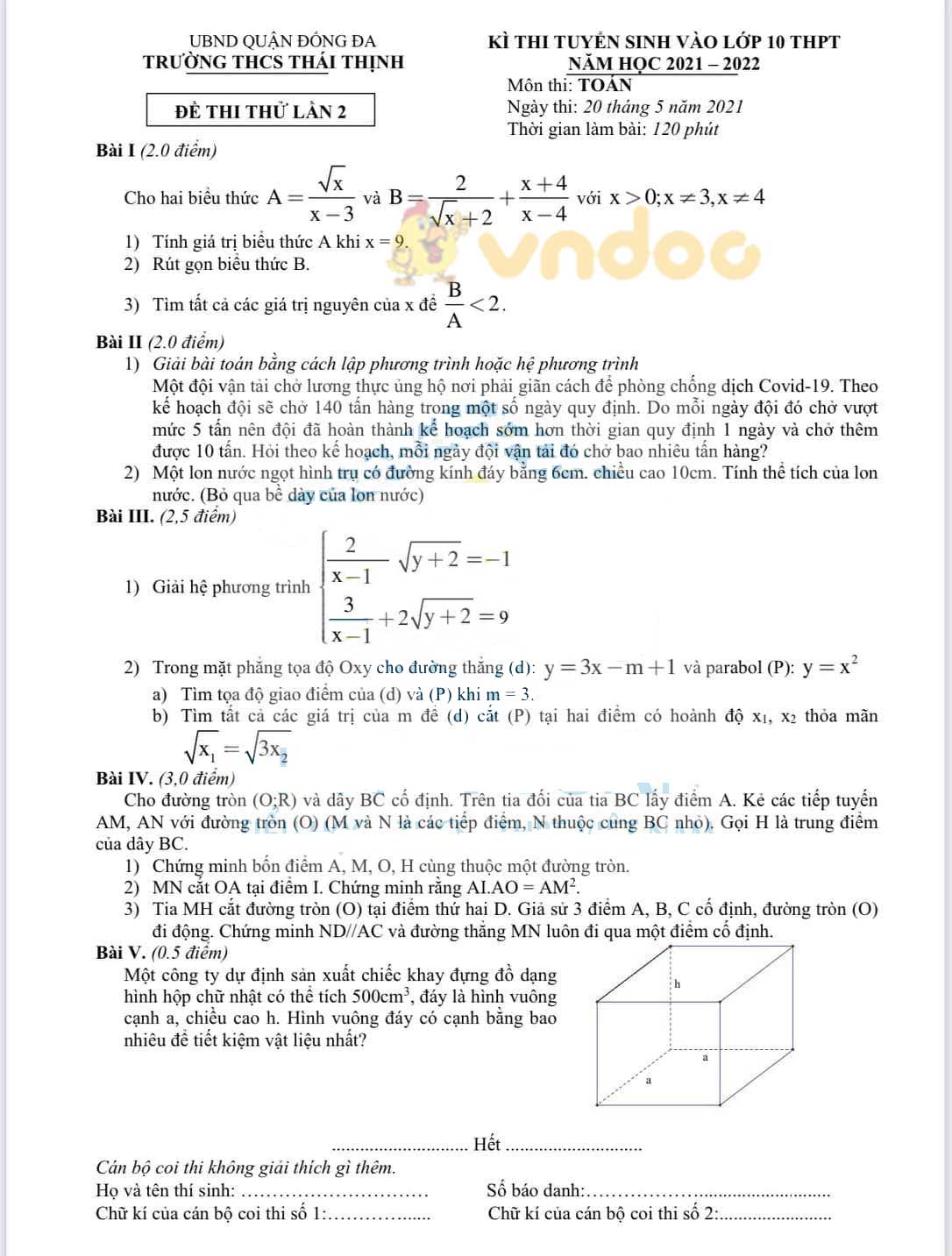 Đề thi thử vào lớp 10 môn Toán Trường THCS Thái Thịnh, Đống Đa năm 2021 - 2022 (lần 2)