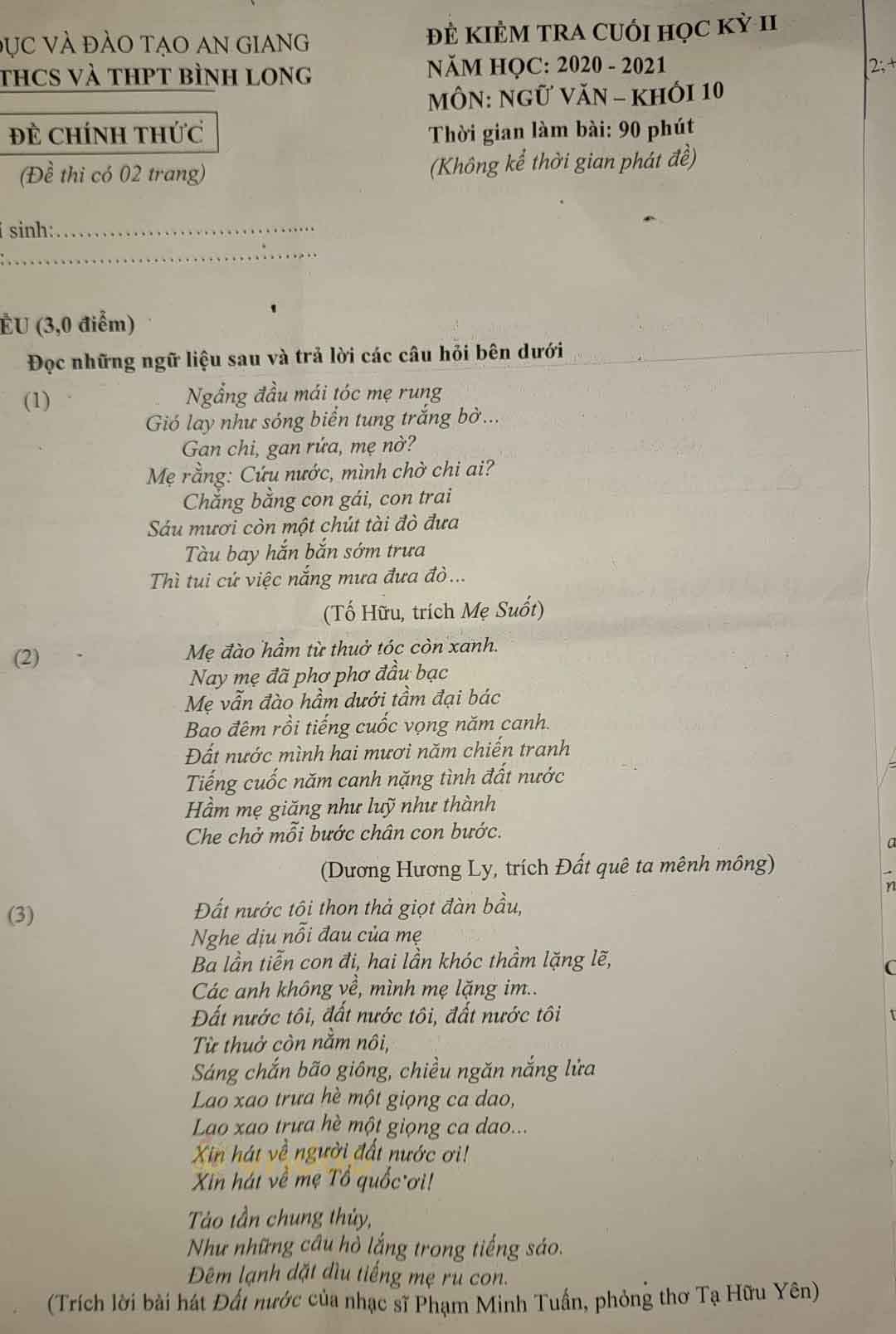 Đề thi học kì 2 môn Ngữ văn lớp 10 trường THPT Bình Long, An Giang năm 2020-2021
