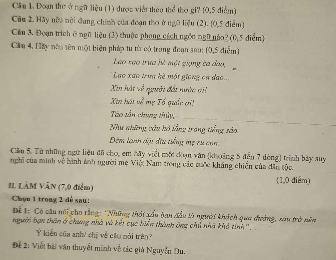 Đề thi học kì 2 môn Ngữ văn lớp 10 trường THPT Bình Long, An Giang năm 2020-2021