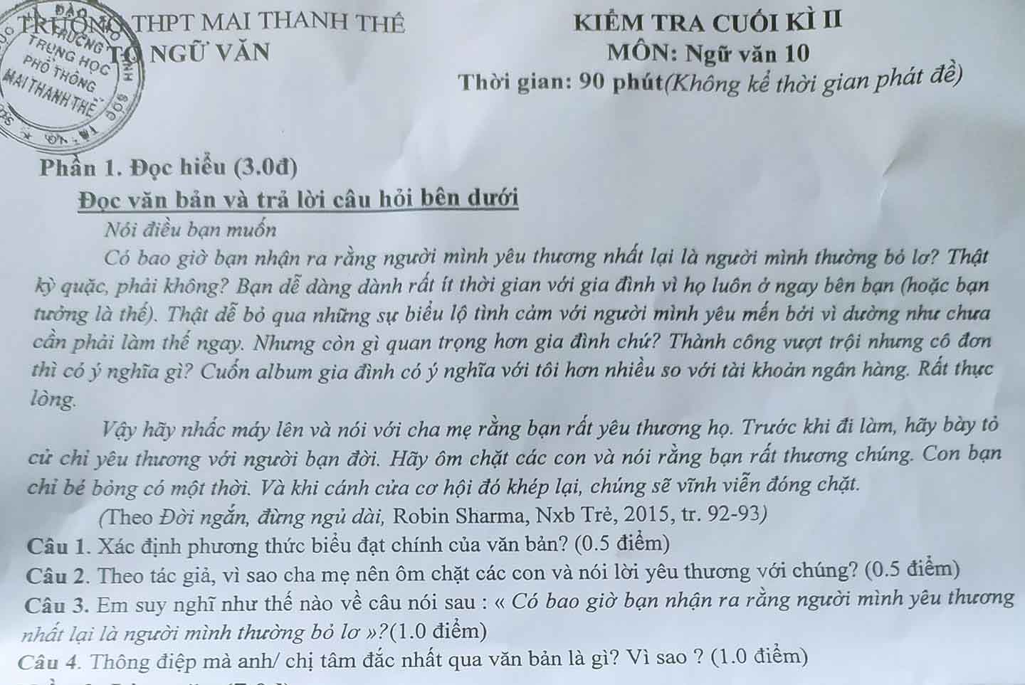 Đề thi học kì 2 môn Ngữ văn lớp 10 trường THPT Mai Thanh Thế, Sóc Trăng năm 2020-2021