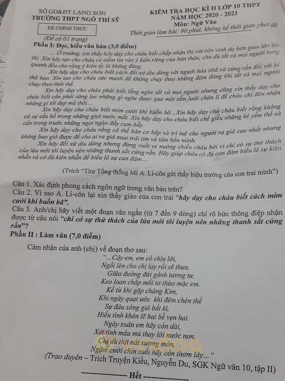 Đề thi học kì 2 môn Ngữ văn lớp 10 trường THPT Ngô Thì Sỹ, Lạng Sơn năm 2020-2021