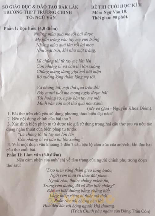 Đề thi học kì 2 môn Ngữ văn lớp 10 trường THPT Trường Chinh, Đắk lắk năm 2020-2021