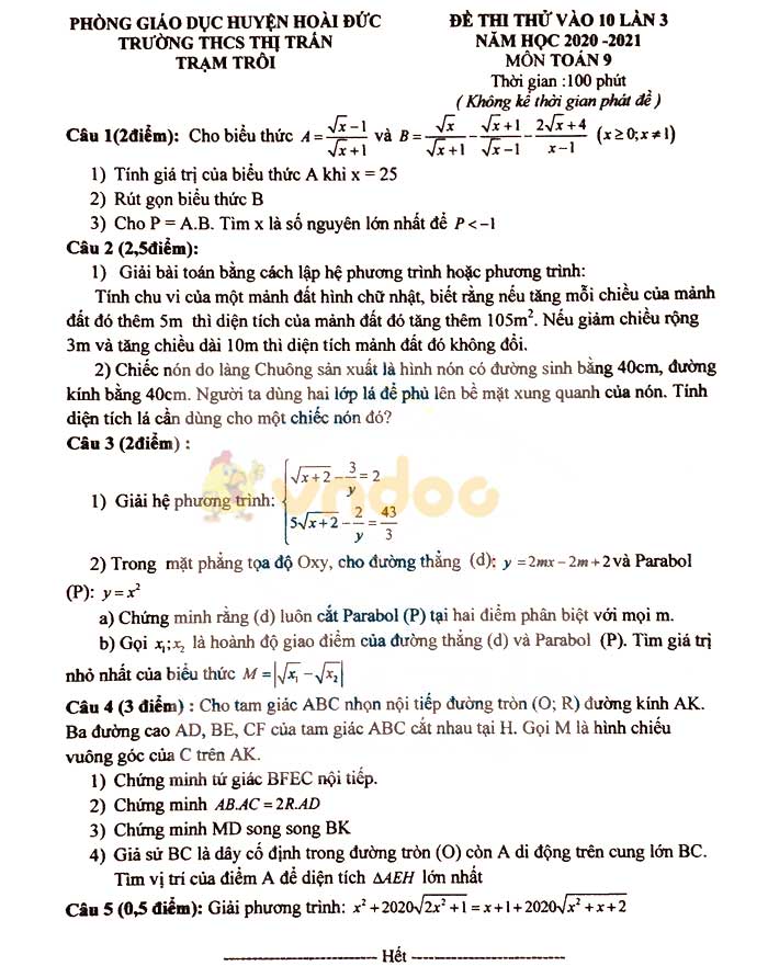Đề thi thử vào lớp 10 môn Toán trường THCS Thị trấn Trạm Trôi, Hoài Đức năm 2020 - 2021