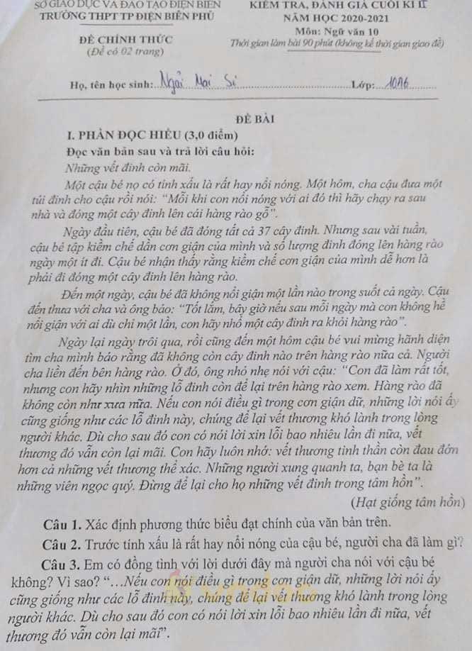 Đề thi học kì 2 môn Ngữ văn lớp 10 trường THPT Điện Biên Phủ, Điện Biên năm 2020-2021