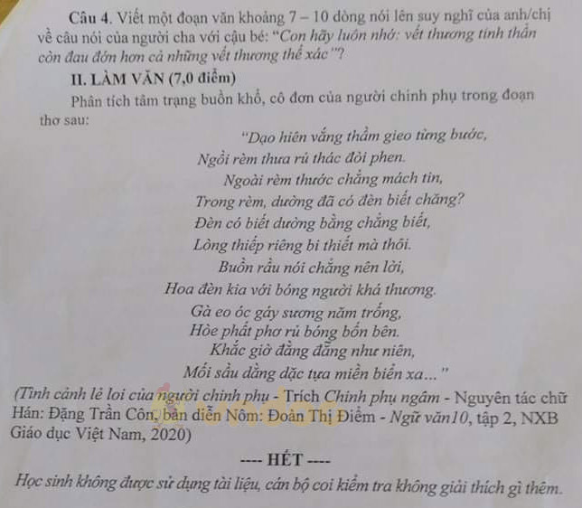 Đề thi học kì 2 môn Ngữ văn lớp 10 trường THPT Điện Biên Phủ, Điện Biên năm 2020-2021