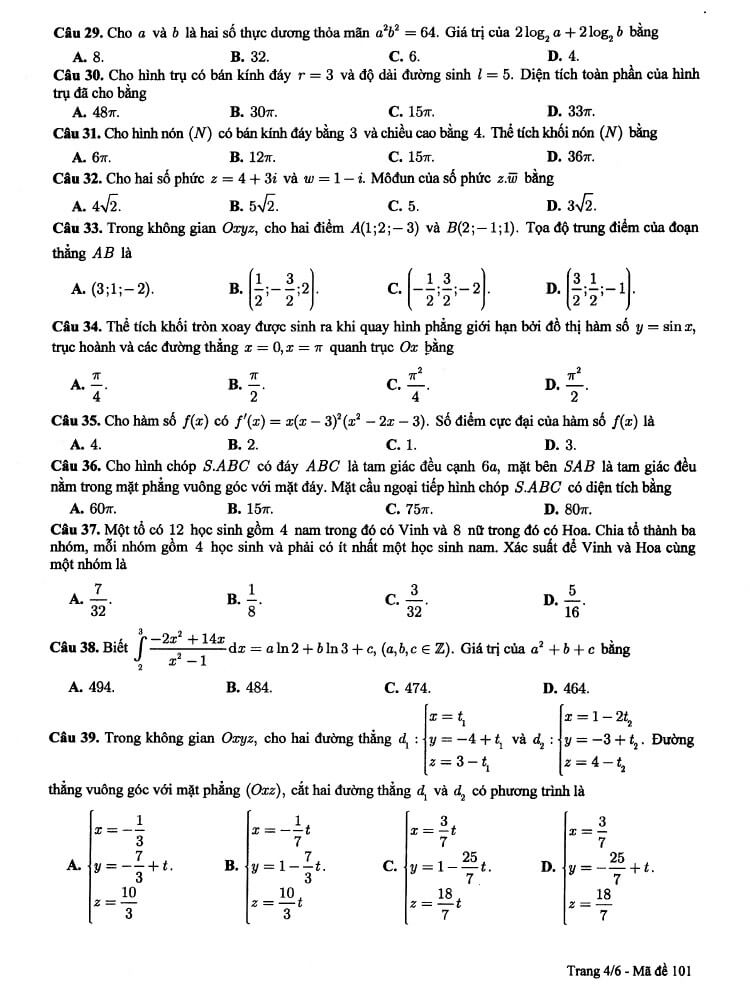 Đề thi thử THPT Quốc gia 2021 môn Toán