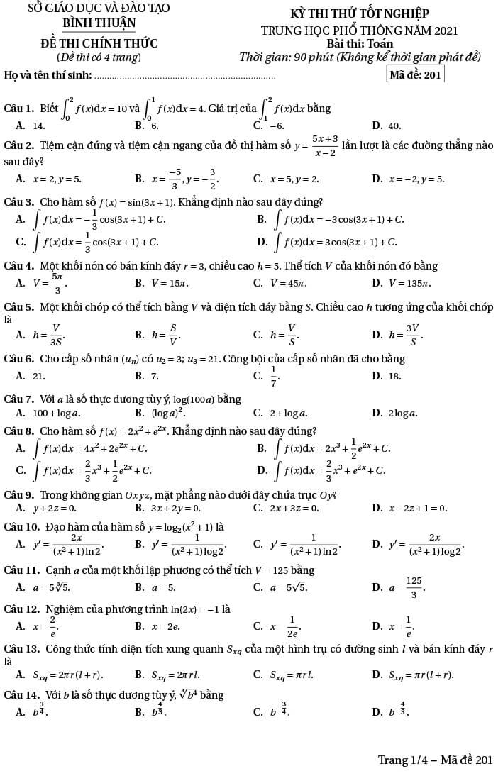 Đề thi thử THPT Quốc gia 2021 môn Toán