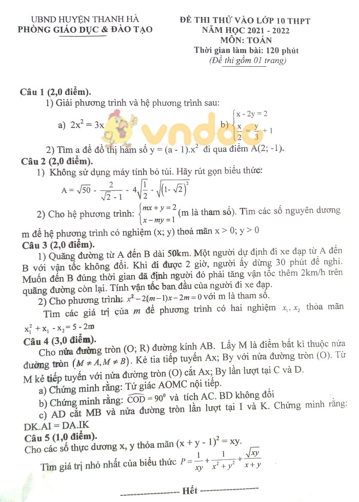 Đề thi thử vào lớp 10 môn Toán phòng GD&ĐT huyện Thanh Hà năm 2021 - 2022
